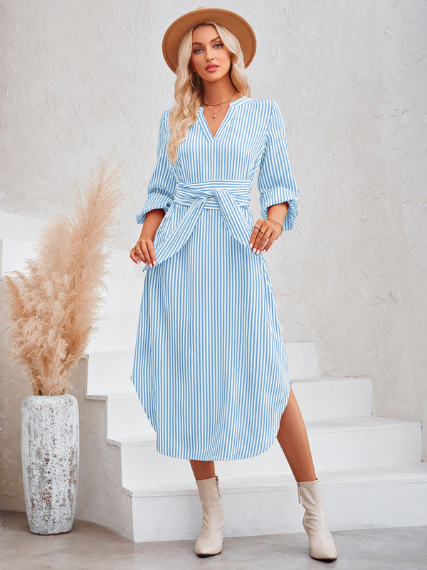 Dress- Bishop Sleeve V-Neck Striped Midi Dress with Curved Hem- - IndioGear Fashion and Gear