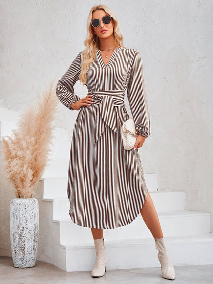 Dress- Bishop Sleeve V-Neck Striped Midi Dress with Curved Hem- - IndioGear Fashion and Gear