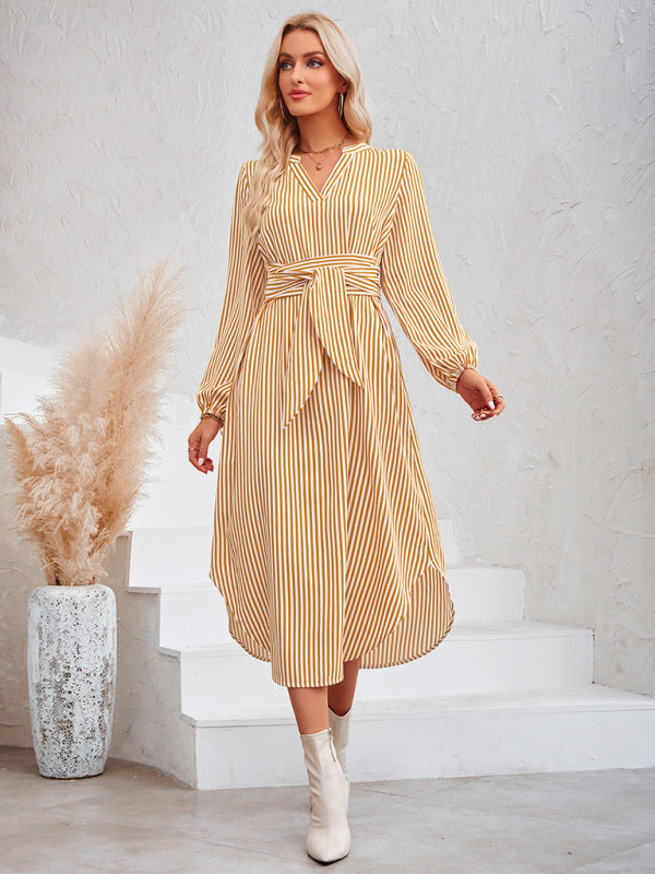 Dress- Bishop Sleeve V-Neck Striped Midi Dress with Curved Hem- - IndioGear Fashion and Gear