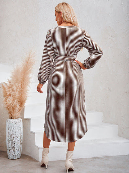 Dress- Bishop Sleeve V-Neck Striped Midi Dress with Curved Hem- - IndioGear Fashion and Gear