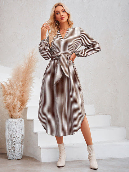 Dress- Bishop Sleeve V-Neck Striped Midi Dress with Curved Hem- Coffee- IndioGear Fashion and Gear