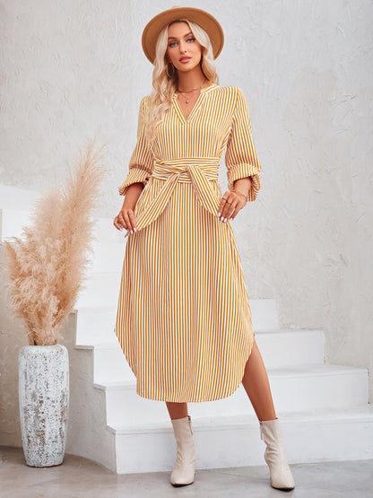 Dress- Bishop Sleeve V-Neck Striped Midi Dress with Curved Hem- - IndioGear Fashion and Gear