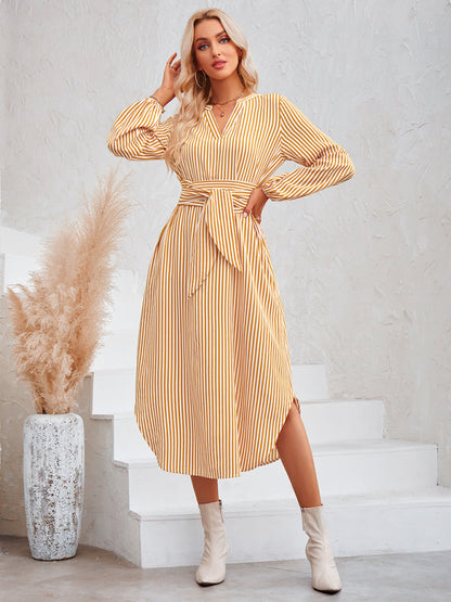 Dress- Bishop Sleeve V-Neck Striped Midi Dress with Curved Hem- Yellow- IndioGear Fashion and Gear