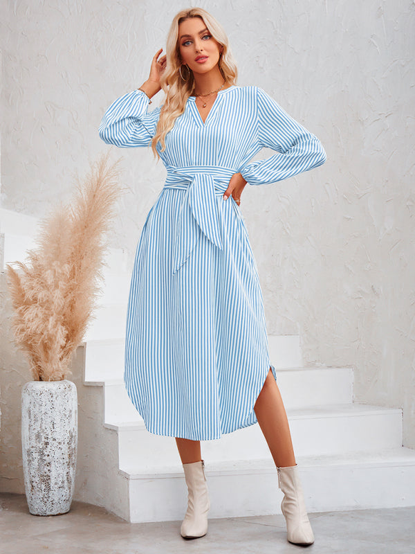 Dress- Bishop Sleeve V-Neck Striped Midi Dress with Curved Hem- - IndioGear Fashion and Gear