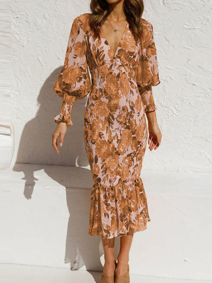 Dress- Bodycon Tube Mermaid Floral Midi Dress- Brown- IndioGear Fashion and Gear