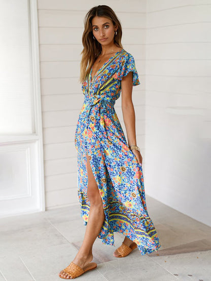 Dress- Bohemian Chic: Floral Wrap Maxi Dress with Lotus Leaf Sleeves- - IndioGear Fashion and Gear