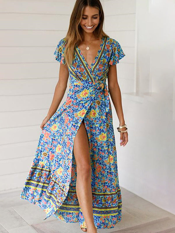 Dress- Bohemian Chic: Floral Wrap Maxi Dress with Lotus Leaf Sleeves- - IndioGear Fashion and Gear