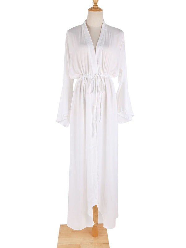 Dress- Boho Casual Bell Sleeve Plunge Maxi Dress- - IndioGear Fashion and Gear