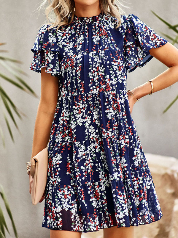 Dress- Boho-Chic Mini Dress with Butterfly Sleeves and Ruffle Details- Purplish blue navy- IndioGear Fashion and Gear