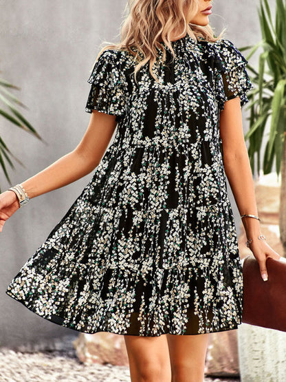 Dress- Boho-Chic Mini Dress with Butterfly Sleeves and Ruffle Details- - IndioGear Fashion and Gear