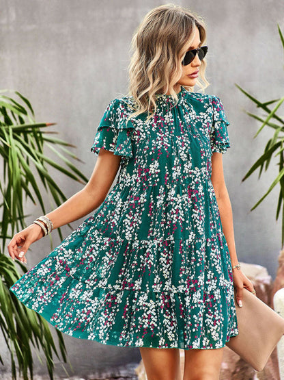 Dress- Boho-Chic Mini Dress with Butterfly Sleeves and Ruffle Details- - IndioGear Fashion and Gear