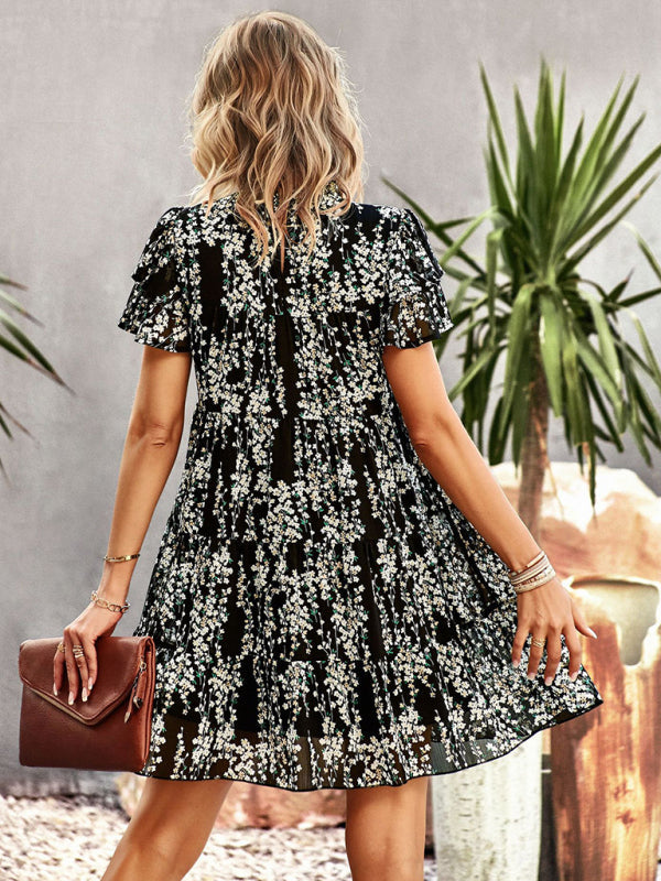 Dress- Boho-Chic Mini Dress with Butterfly Sleeves and Ruffle Details- - IndioGear Fashion and Gear