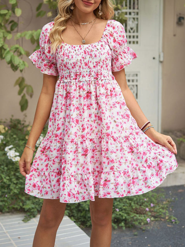 Dress- Boho Floral Chiffon Off Shoulder Shirred Mini Dress- Pink- IndioGear Fashion and Gear