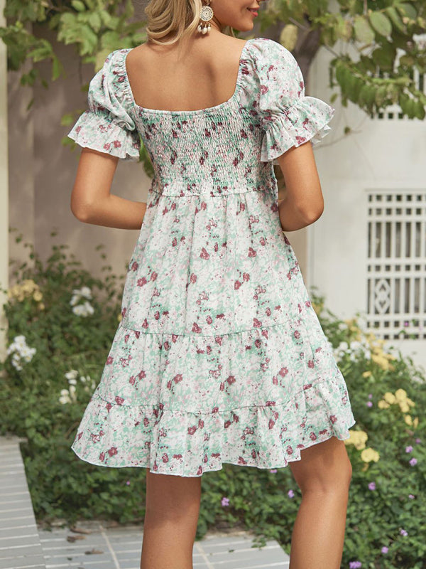 Dress- Boho Floral Chiffon Off Shoulder Shirred Mini Dress- - IndioGear Fashion and Gear