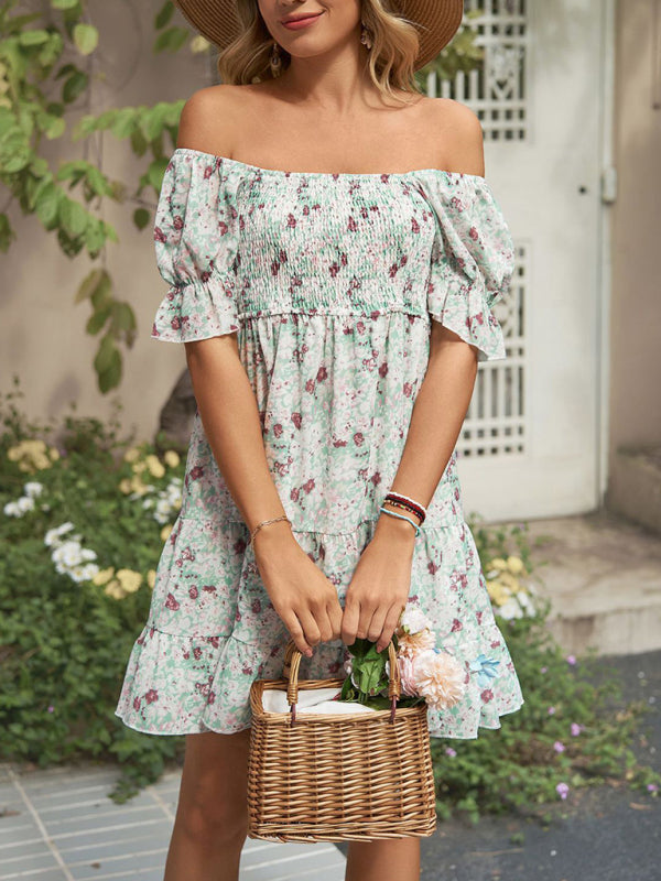 Dress- Boho Floral Chiffon Off Shoulder Shirred Mini Dress- - IndioGear Fashion and Gear