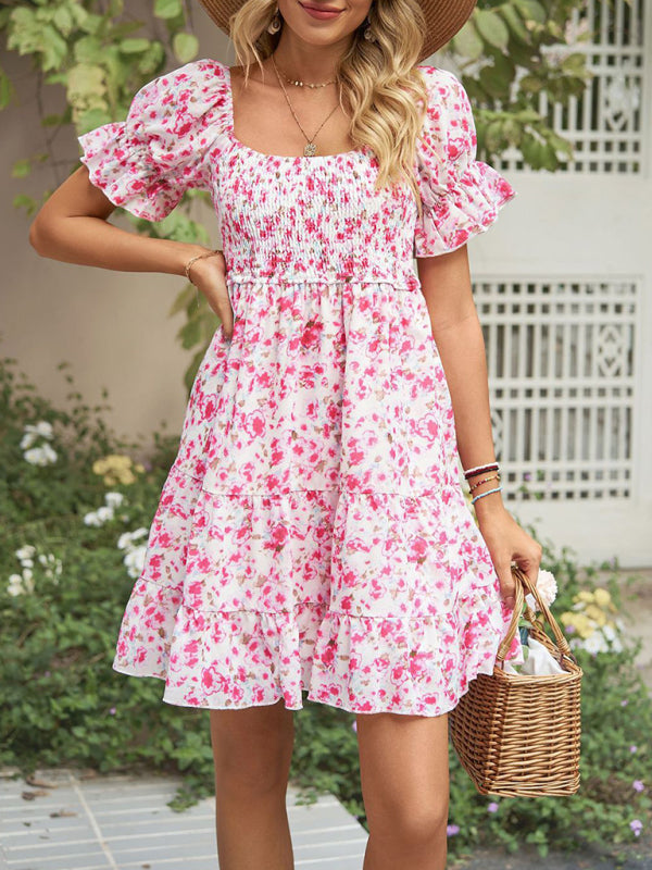 Dress- Boho Floral Chiffon Off Shoulder Shirred Mini Dress- - IndioGear Fashion and Gear