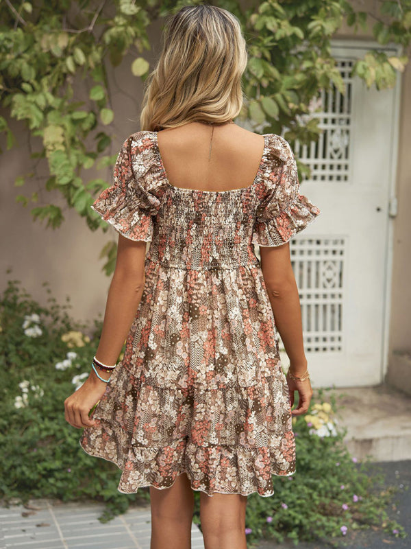 Dress- Boho Floral Chiffon Off Shoulder Shirred Mini Dress- - IndioGear Fashion and Gear