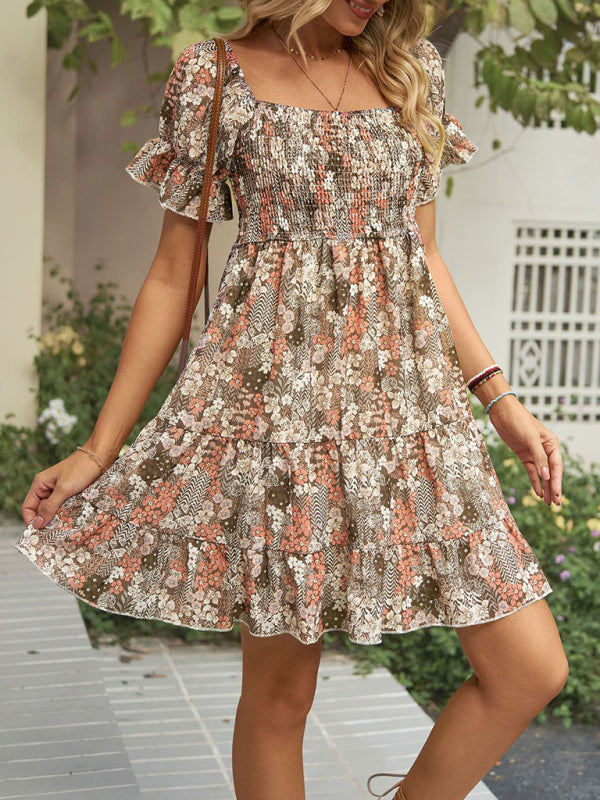 Dress- Boho Floral Chiffon Off Shoulder Shirred Mini Dress- Khaki- IndioGear Fashion and Gear