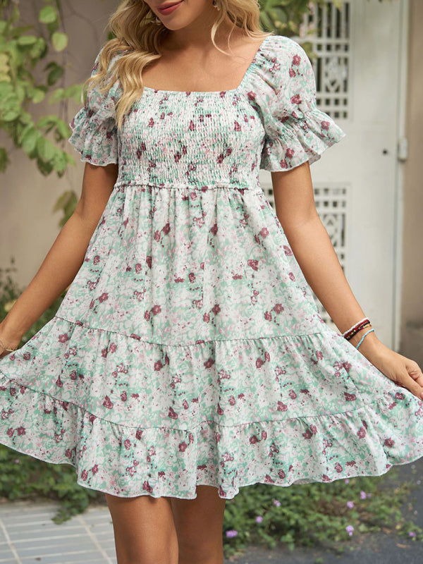 Dress- Boho Floral Chiffon Off Shoulder Shirred Mini Dress- - IndioGear Fashion and Gear