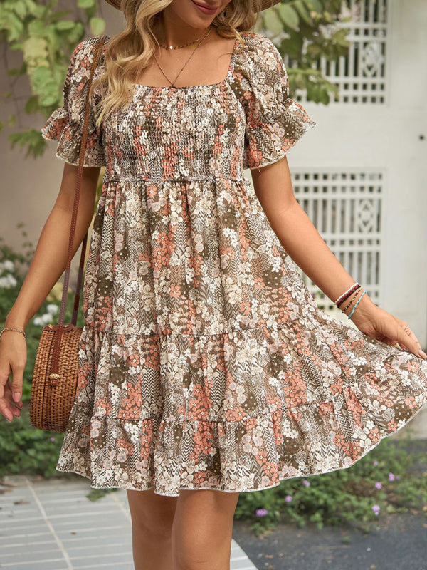 Dress- Boho Floral Chiffon Off Shoulder Shirred Mini Dress- - IndioGear Fashion and Gear