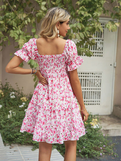 Dress- Boho Floral Chiffon Off Shoulder Shirred Mini Dress- - IndioGear Fashion and Gear