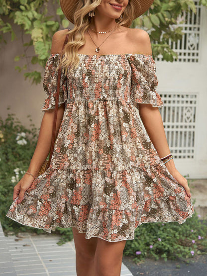 Dress- Boho Floral Chiffon Off Shoulder Shirred Mini Dress- - IndioGear Fashion and Gear