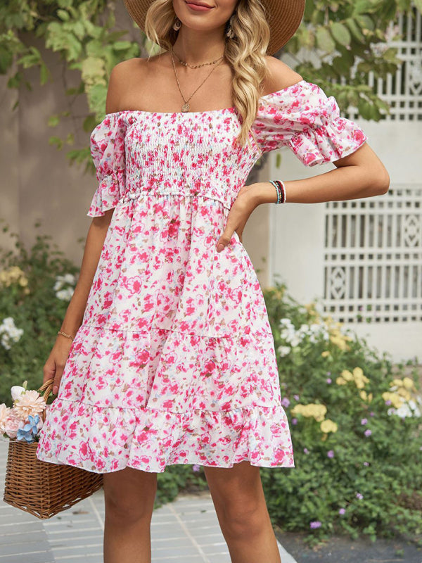 Dress- Boho Floral Chiffon Off Shoulder Shirred Mini Dress- - IndioGear Fashion and Gear