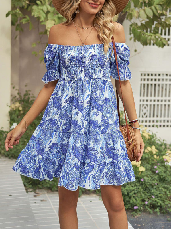 Dress- Boho Floral Chiffon Off Shoulder Shirred Mini Dress- - IndioGear Fashion and Gear