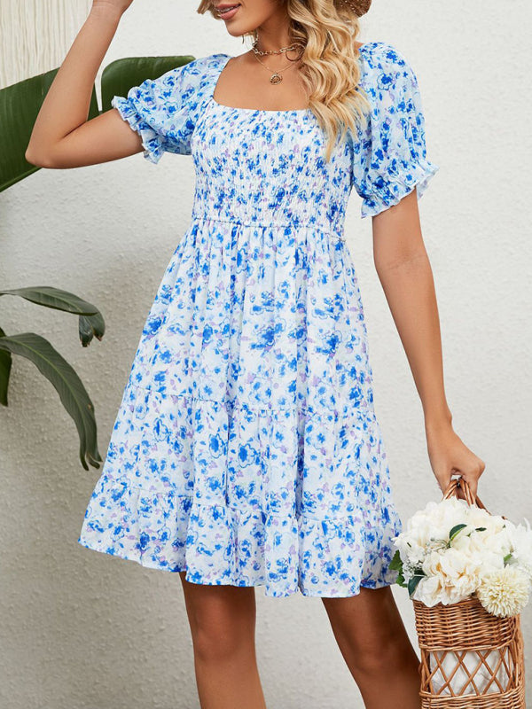 Dress- Boho Floral Chiffon Off Shoulder Shirred Mini Dress- - IndioGear Fashion and Gear