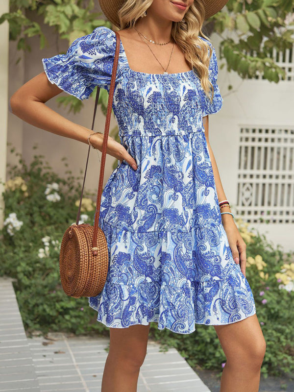 Dress- Boho Floral Chiffon Off Shoulder Shirred Mini Dress- - IndioGear Fashion and Gear