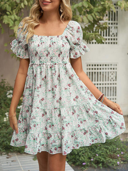 Dress- Boho Floral Chiffon Off Shoulder Shirred Mini Dress- Green- IndioGear Fashion and Gear