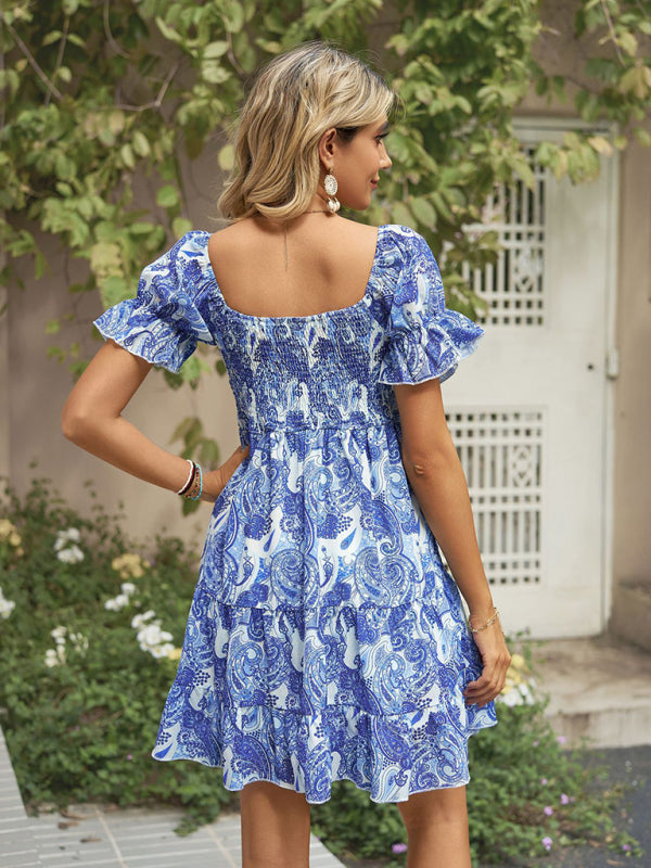 Dress- Boho Floral Chiffon Off Shoulder Shirred Mini Dress- - IndioGear Fashion and Gear