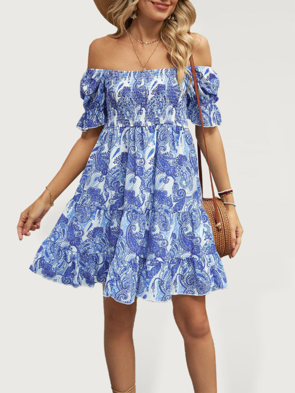 Dress- Boho Floral Chiffon Off Shoulder Shirred Mini Dress- Blue- IndioGear Fashion and Gear