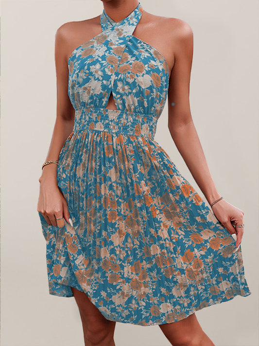 Dress- Boho Floral Halter Dress: Twist-Front, Smocked Waist, Backless - Versatile Style- Green- IndioGear Fashion and Gear