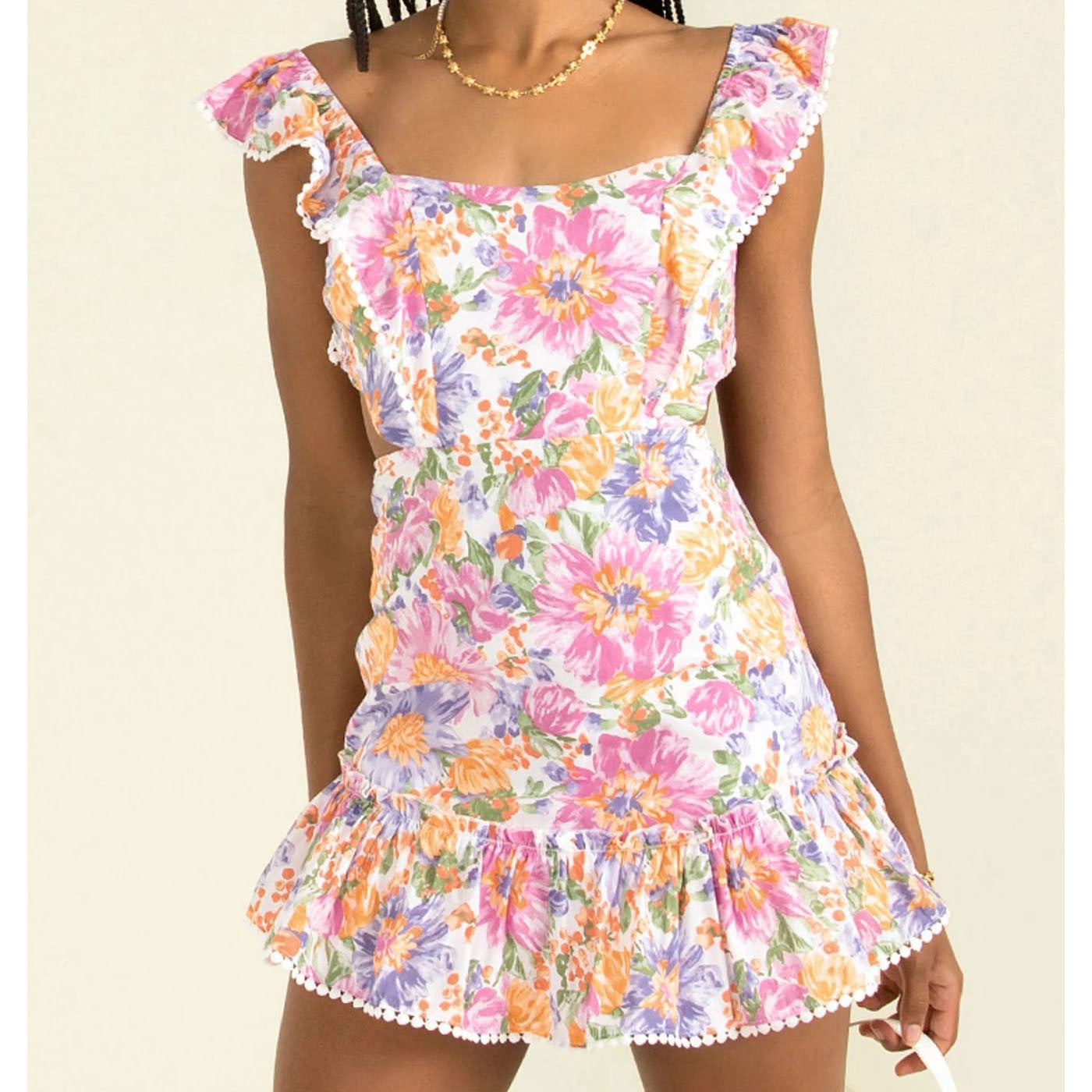 Dress- Boho Floral Ruffle Backless Mini dress- Pink- IndioGear Fashion and Gear