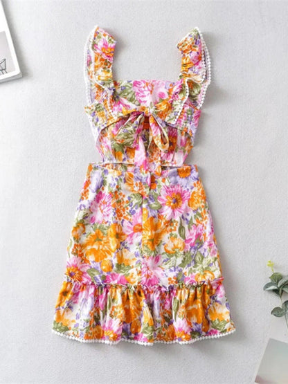 Dress- Boho Floral Ruffle Backless Mini dress- - IndioGear Fashion and Gear