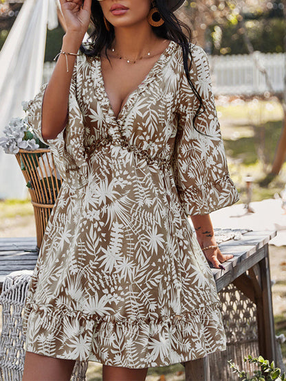 Dress- Boho Floral Tiered Open-Back Ruffle Mini Dress with 3/4 Sleeve- - IndioGear Fashion and Gear