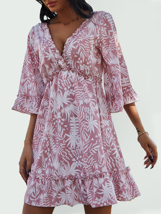 Dress- Boho Floral Tiered Open-Back Ruffle Mini Dress with 3/4 Sleeve- Pink- IndioGear Fashion and Gear