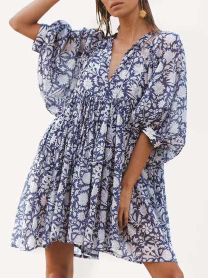 Dress- Boho Style T-Shirt Loose Dress- Purplish blue navy- IndioGear Fashion and Gear