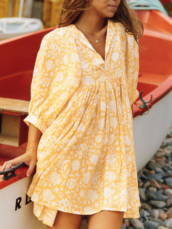 Dress- Boho Style T-Shirt Loose Dress- Yellow- IndioGear Fashion and Gear