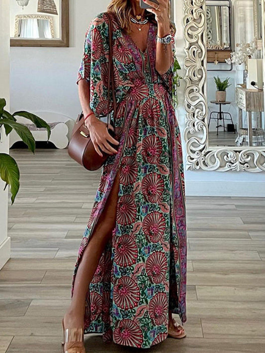 Dress- Boho Vacation Floral Slits Flared Maxi Dress- Purple- IndioGear Fashion and Gear