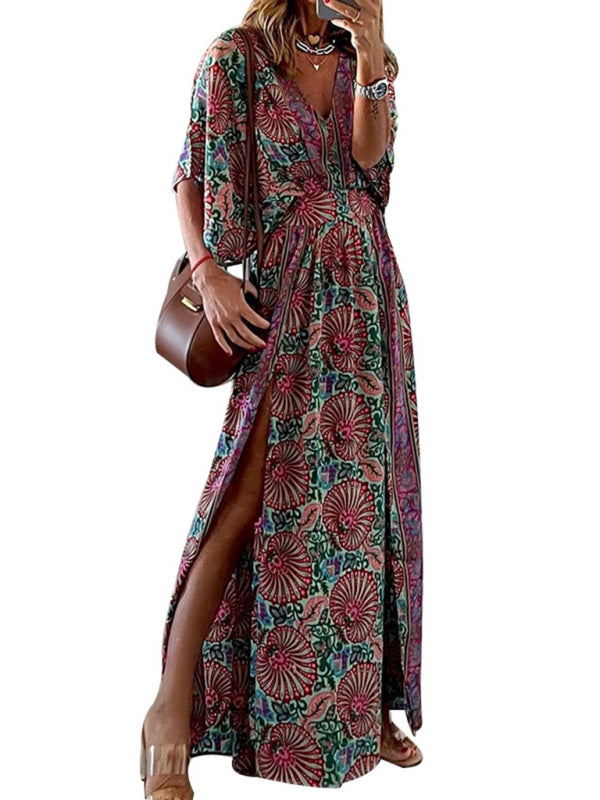 Dress- Boho Vacation Floral Slits Flared Maxi Dress- - IndioGear Fashion and Gear