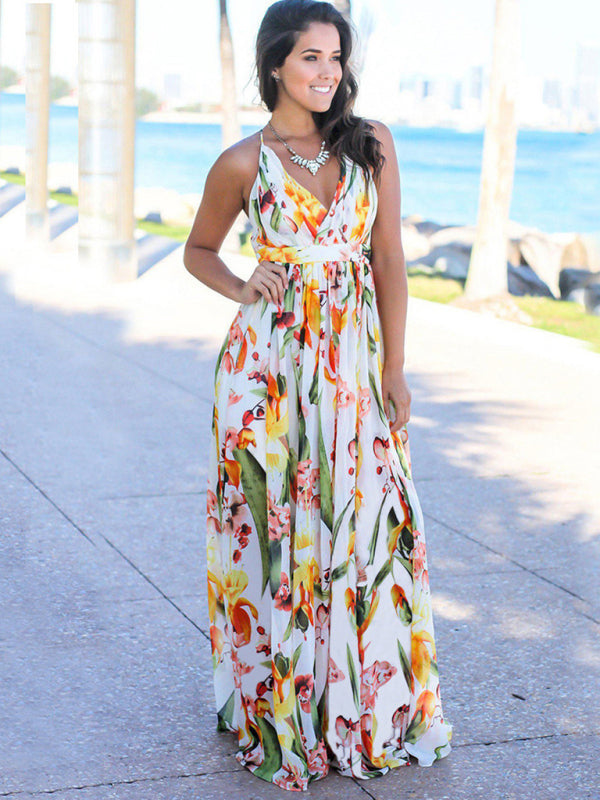 Dress- Boho Vacation Surplice V-Neck Cami Long Maxi Dress- - IndioGear Fashion and Gear