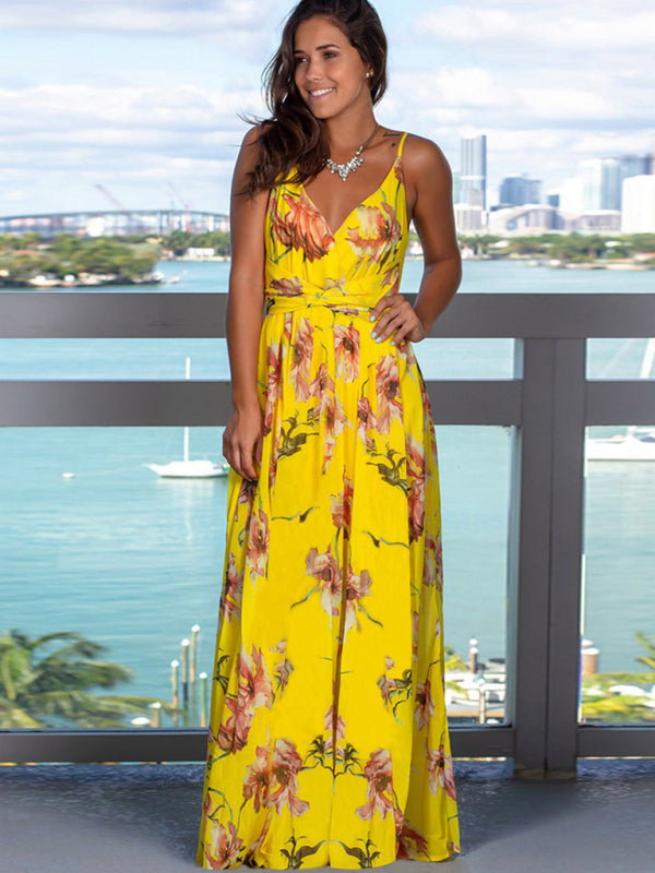 Dress- Boho Vacation Surplice V-Neck Cami Long Maxi Dress- Golden yellow- IndioGear Fashion and Gear