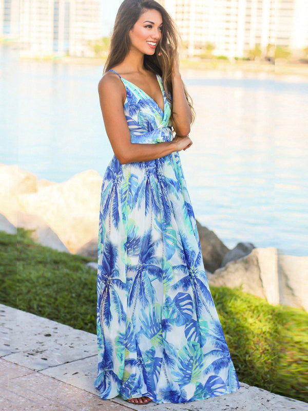 Dress- Boho Vacation Surplice V-Neck Cami Long Maxi Dress- - IndioGear Fashion and Gear