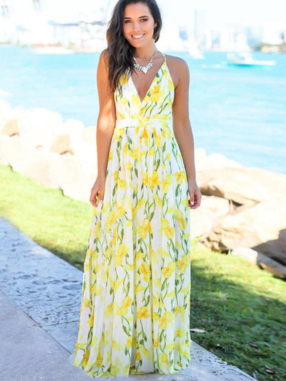 Dress- Boho Vacation Surplice V-Neck Cami Long Maxi Dress- Chartreuse- IndioGear Fashion and Gear