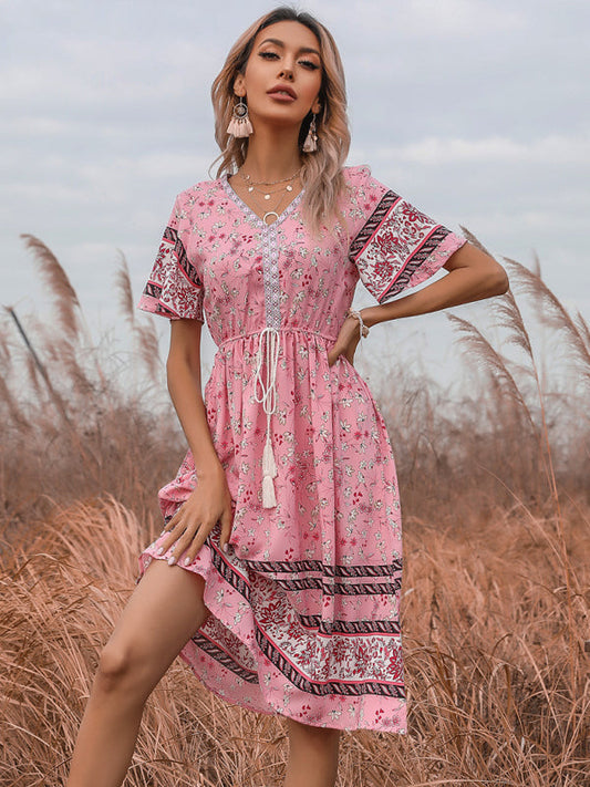 Dress- Bring a Touch of Bohemian to Your Style with Our Midi Dress- Pink- IndioGear Fashion and Gear