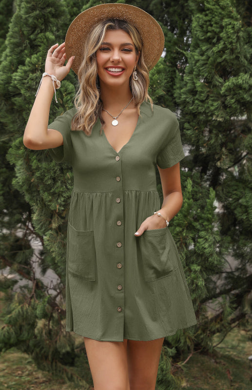 Dress- Button Up Cotton Short Sleeve Mini Dress- - IndioGear Fashion and Gear