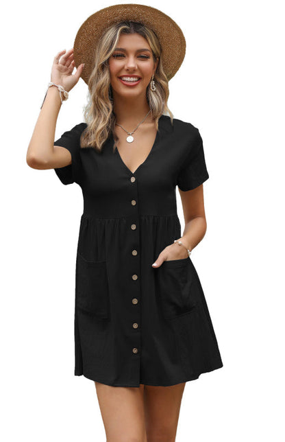 Dress- Button Up Cotton Short Sleeve Mini Dress- - IndioGear Fashion and Gear