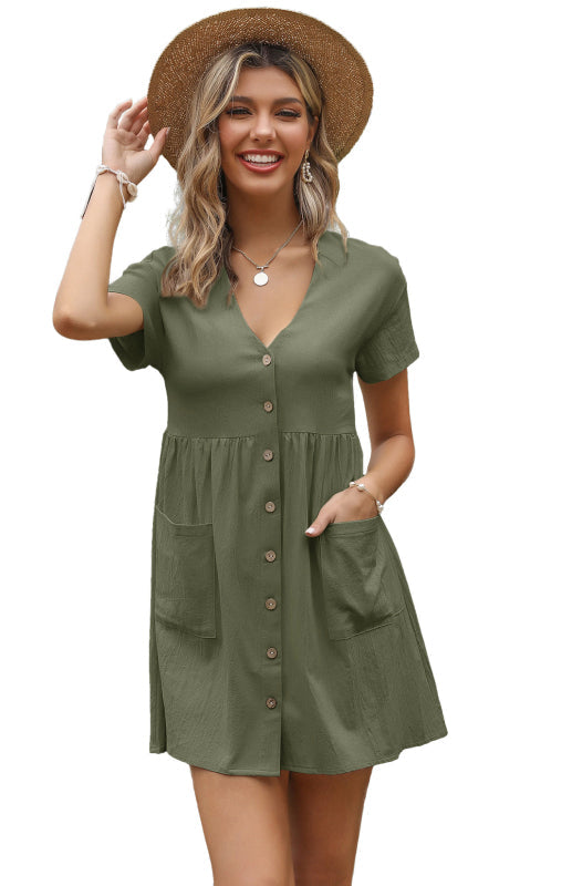 Dress- Button Up Cotton Short Sleeve Mini Dress- - IndioGear Fashion and Gear